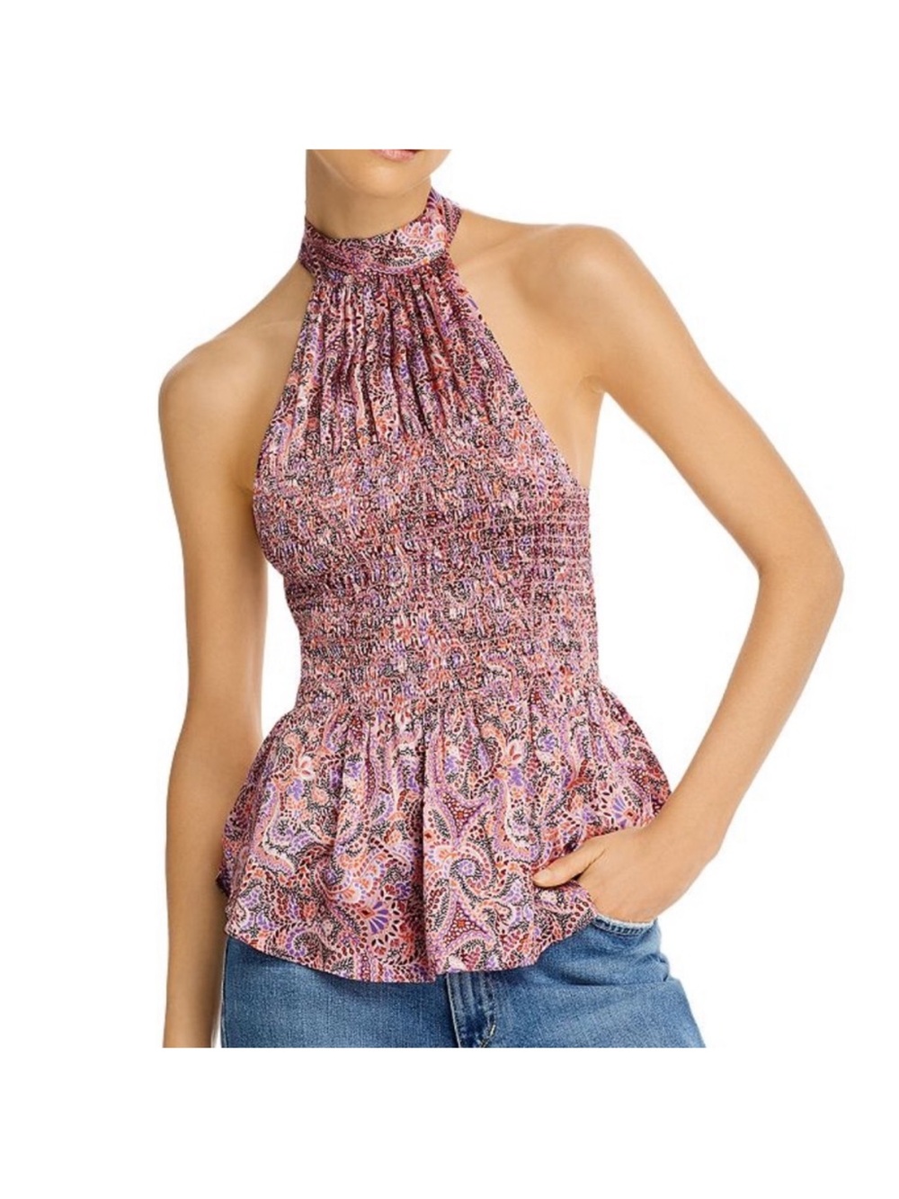 cinq a sept Pink Paisley Halter Peplum Top